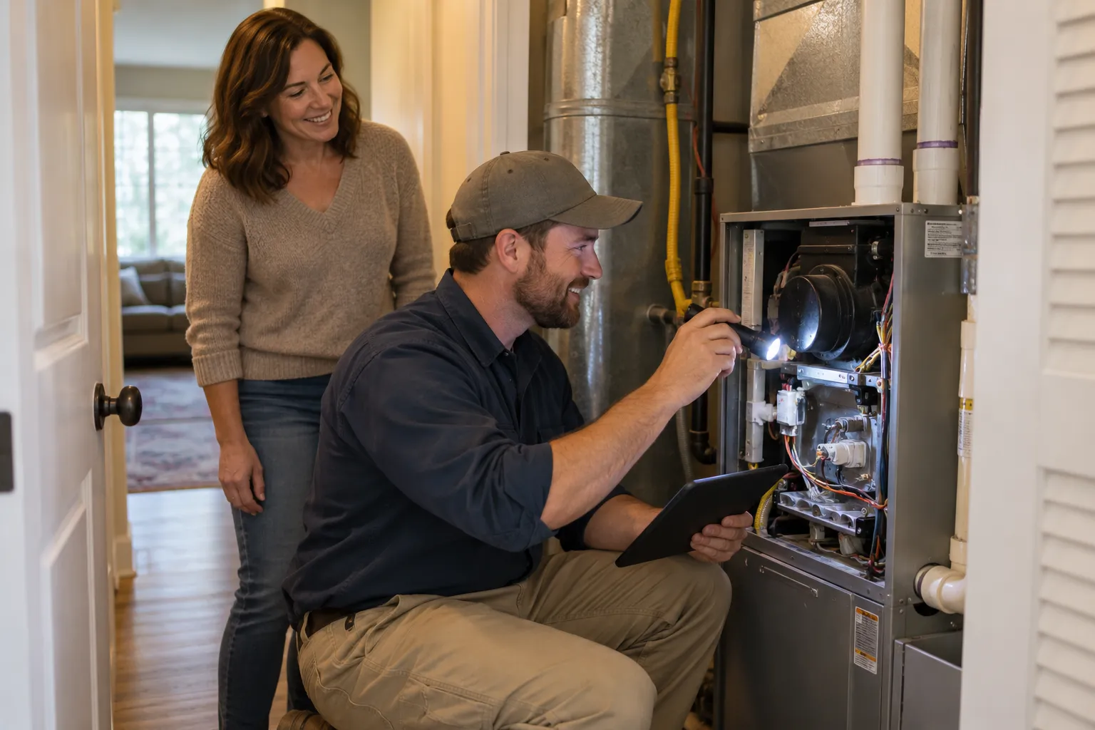 Provider inspecting a gas furnace in a Lancaster home while a homeowner looks on