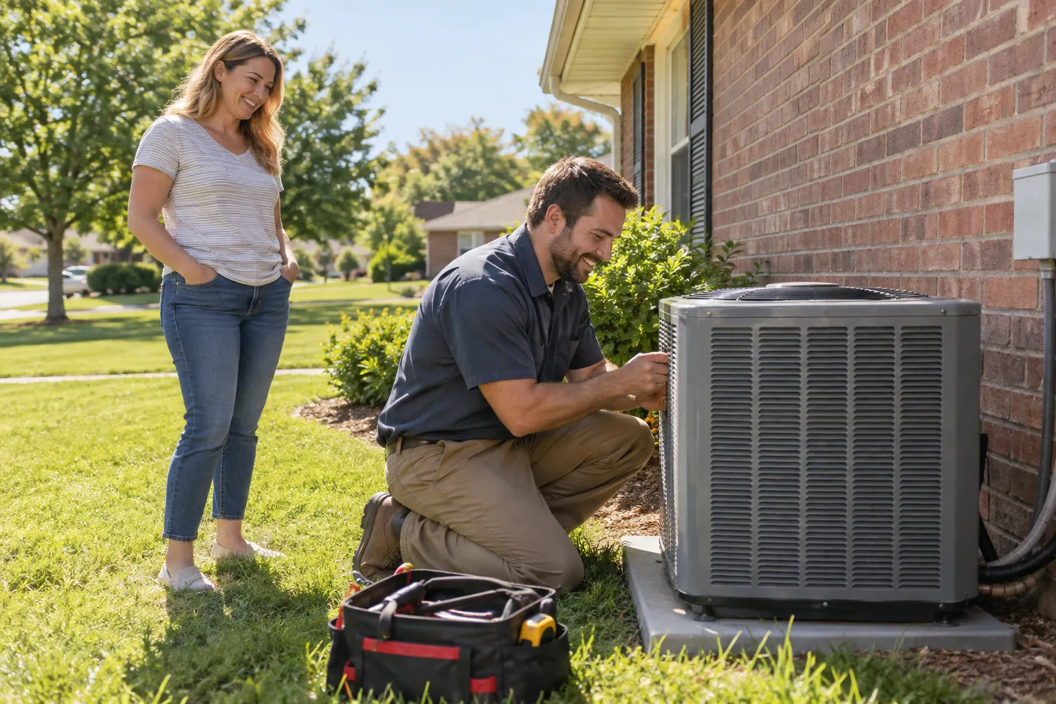 A friendly HVAC provider checking an outdoor AC unit at a Lancaster home